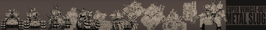 cannon caterpillar_tracks character_name copyright_name english_text greyscale ground_vehicle gun highres jiang_(takuminowebmail) machine_gun mecha metal_slug military military_vehicle monochrome motor_vehicle multiple_views no_humans robot sv001_(metal_slug) tank tank_focus vehicle_focus walker weapon wide_image