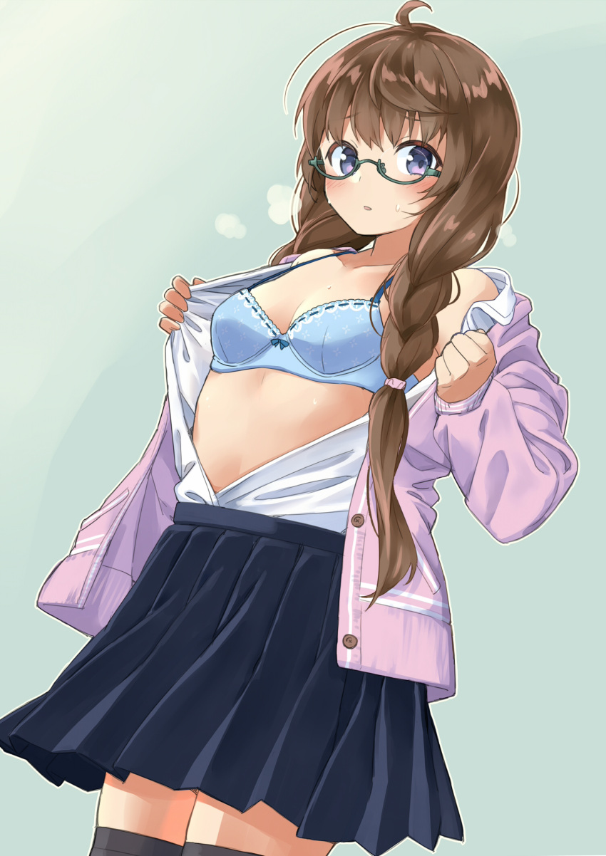 1girl ahoge amemiya_sekira bangs black_skirt black_thighhighs blue_bra blue_eyes blush bow bow_bra bra braid breasts brown_hair cardigan collared_shirt commentary_request dress_shirt glasses green-framed_eyewear grey_background hair_over_shoulder highres long_hair long_sleeves looking_at_viewer low_twintails open_clothes open_shirt original parted_lips pink_cardigan pleated_skirt puffy_long_sleeves puffy_sleeves sekira_ame semi-rimless_eyewear shirt skindentation skirt sleeves_past_wrists small_breasts solo standing sweat thighhighs twin_braids twintails under-rim_eyewear underwear very_long_hair white_shirt