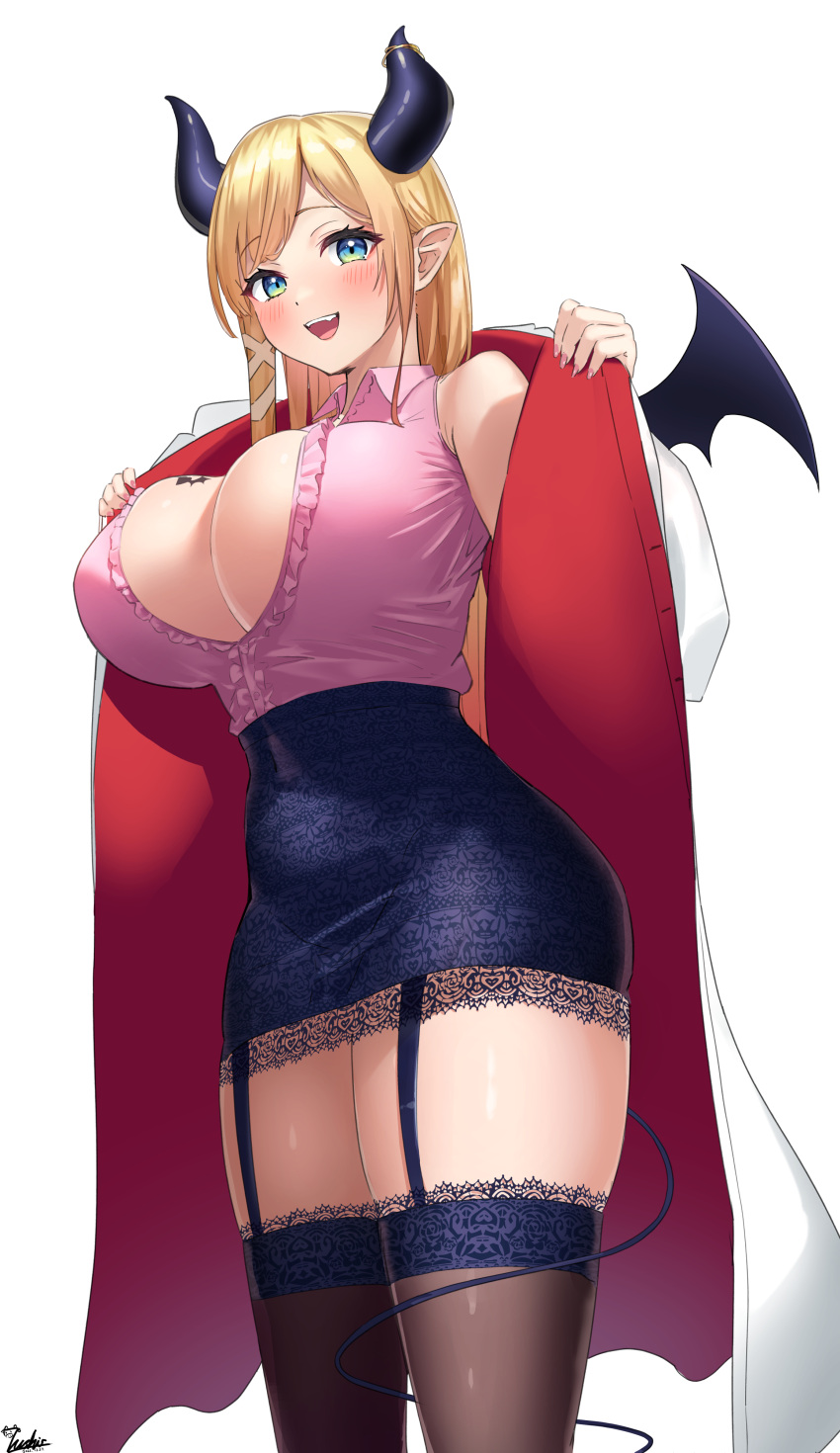 7uship absurdres blonde_hair blue_eyes blush breast_tattoo breasts check_commentary cleavage coat commentary commentary_request dated demon_girl demon_horns demon_tail demon_wings garter_straps gradient_eyes highres hololive horns huge_breasts labcoat long_hair looking_at_viewer multicolored_eyes open_clothes open_coat open_mouth pointy_ears signature simple_background skindentation tail tattoo very_long_hair virtual_youtuber white_background winged_heart wings yuzuki_choco