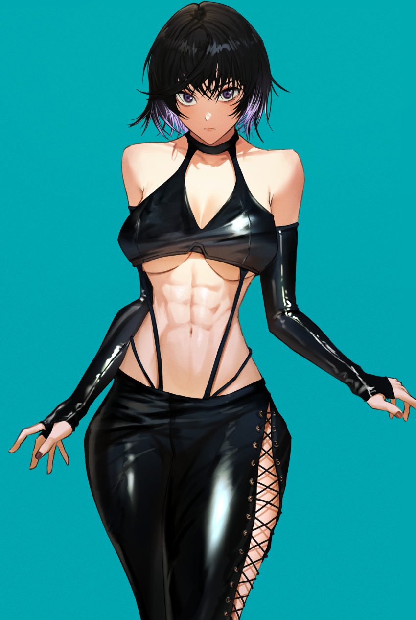 1girl abs absurdres bare_shoulders bikini black_hair breasts bridal_gauntlets collarbone commission cowboy_shot halterneck highres lips looking_at_viewer madoro_q micro_bikini navel original purple_eyes short_hair simple_background skeb_commission solo swimsuit underboob wide_hips