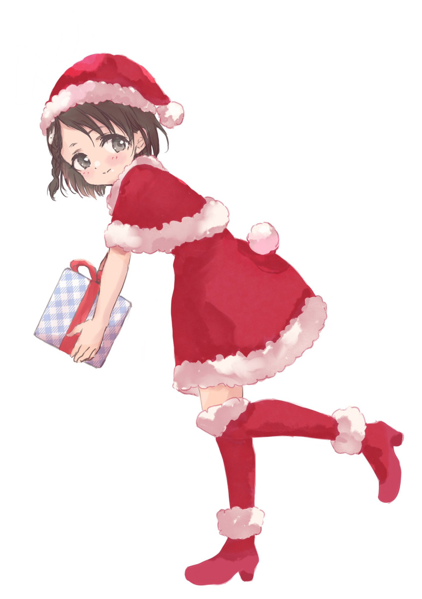 1girl black_hair box braid braided_bangs capelet dress full_body gift gift_box hat highres holding holding_box idolmaster idolmaster_cinderella_girls leaning_forward looking_at_viewer red_capelet red_dress red_footwear red_headwear santa_costume santa_hat sasaki_chie shin_fuj simple_background smile solo white_background