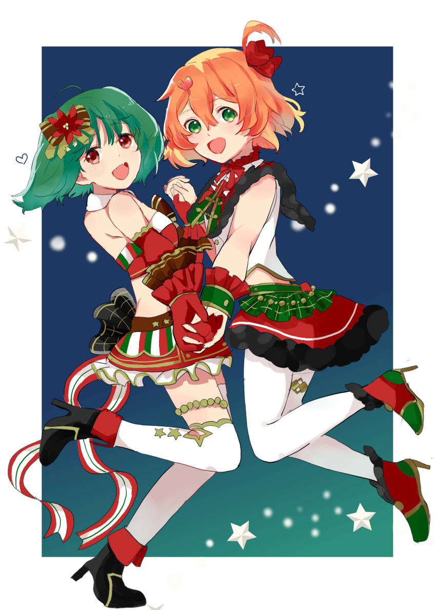 2girls :d absurdres ankle_boots asymmetrical_legwear bangs bob_cut boots bow christmas commentary crop_top detached_collar english_commentary floating freyja_wion frilled_skirt frills from_side gloves green_eyes green_hair hair_bow hair_ornament heart high_heel_boots high_heels highres holding_hands idol interlocked_fingers kumanoekakiuta leg_up looking_at_viewer macross macross_delta macross_frontier microskirt midriff miniskirt multiple_girls one_side_up open_mouth orange_hair outside_border pantyhose ranka_lee red_eyes red_footwear red_gloves red_shirt red_skirt series_connection shirt short_hair skirt sleeveless sleeveless_shirt smile star_(symbol) strapless strapless_shirt symmetrical_hand_pose thighhighs thighlet white_pantyhose white_shirt white_thighhighs wristband