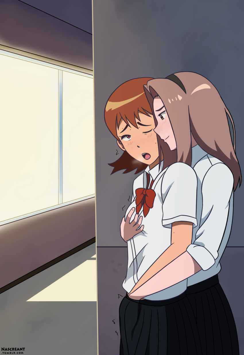 2girls behind_another black_skirt blush bow bowtie breast_grab brown_eyes brown_hair digimon digimon_adventure_tri. grabbing highres long_hair masturbation masturbation_through_clothes multiple_girls nascreant non-web_source one_eye_closed open_mouth orange_hair red_bow red_bowtie red_eyes school school_uniform shirt short_hair skirt sweat tachikawa_mimi takenouchi_sora teeth tiara tongue white_shirt window yuri