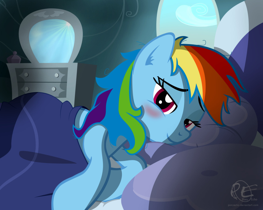 2016 bed bed_hair bedding bedroom blanket blue_body blush digital_media_(artwork) equid equine female feral first_person_view friendship_is_magic furniture hair hasbro hi_res horse inside lidded_eyes looking_at_viewer lying lying_on_bed mammal mane messy_mane multicolored_hair my_little_pony on_bed on_model one_eye_closed pillow pony ponyecho rainbow_dash_(mlp) rainbow_hair signature smile solo tired