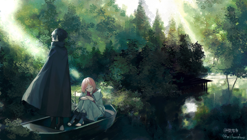 1boy 1girl artist_name black_cloak black_hair boat cloak closed_eyes coat forest green_theme hair_over_eyes haruno_sakura highres medium_hair miluoduo naruto_(series) nature pier pink_hair profile red_shirt shirt short_hair sitting standing sunlight twitter_username uchiha_sasuke water watercraft white_coat