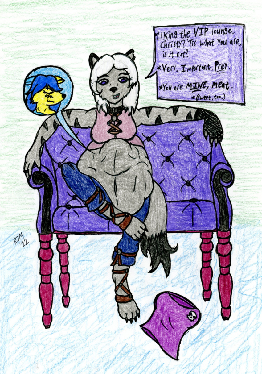 4_toes abdominal_bulge anthro black_claws blue_body blue_fur blue_hair blush blush_lines canid canine christy_(christykitsune) claws clothing collar colored_pencil_(artwork) crop_top digitigrade duo feet female finger_claws fishnet fishnet_armwear fishnet_gloves fishnet_handwear folded_ears fox fur furniture gloves gnoll grey_body grey_fur hair handwear hi_res hyena imprint leather_straps mammal multicolored_body multicolored_fur navel nazreen_(racheltheseeker) notched_ear oral_vore racheltheseeker ring shirt sofa stripes talking_to_prey tank_top teasing teeth text_box toe_claws toes topwear traditional_media_(artwork) two_tone_body two_tone_fur vore white_hair yellow_body yellow_fur