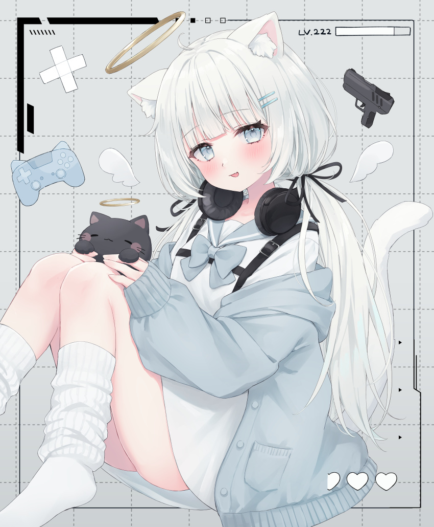 1girl absurdres animal animal_ears ass blue_eyes blush bottomless bow cardigan cat cat_ears cat_girl cat_tail commentary controller fang game_controller gun hair_ornament hair_ribbon hairclip halo headphones headphones_around_neck health_bar heart highres holding holding_animal holding_cat long_hair looking_at_viewer loose_socks low_twintails no_shoes off_shoulder open_mouth original ribbon sailor_collar shano_hiyori shirt sitting socks solo symbol-only_commentary tail twintails very_long_hair weapon white_hair wings