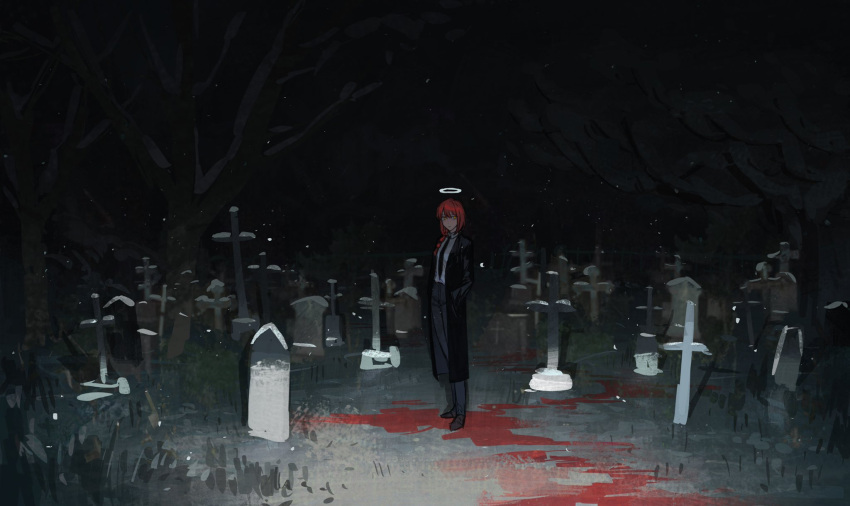 1girl bare_tree black_coat black_necktie black_pants blood_on_ground blood_trail braid braided_ponytail chainsaw_man coat collared_shirt dark formal grave graveyard halo hands_in_pockets highres kgynh looking_at_viewer makima_(chainsaw_man) medium_hair necktie night pants red_hair shirt shirt_tucked_in sidelocks snowing solo standing suit tombstone tree white_shirt wide_shot