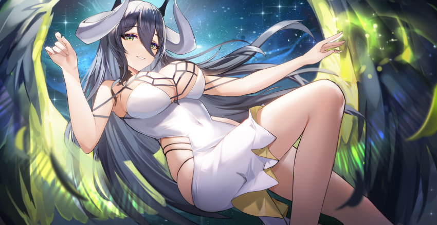 1girl absurdres bangs bare_shoulders breasts check_copyright copyright_request dress green_eyes hair_between_eyes highres hip_vent horns large_breasts long_hair looking_at_viewer lopy original parted_lips smile solo thighs white_dress wings