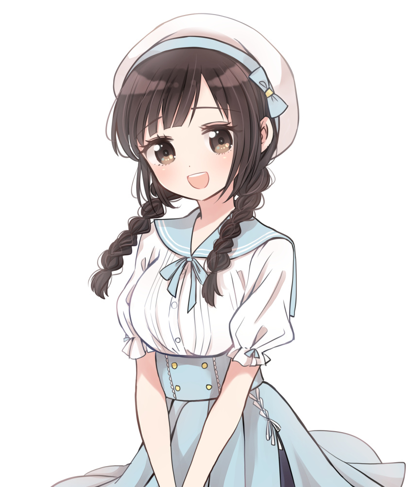 1girl :d bangs black_eyes black_hair blue_bow blue_sailor_collar blue_skirt blunt_ends bow braid breasts collared_shirt commentary dot_nose hair_over_shoulder hanabasami_kyou hat hat_bow high-waist_skirt highres light_blue_ribbon light_blush long_hair looking_at_viewer open_mouth pleated_skirt rakotaro re:act ribbon sailor_collar shirt short_sleeves simple_background skirt smile solo twin_braids virtual_youtuber white_background white_headwear white_ribbon white_shirt