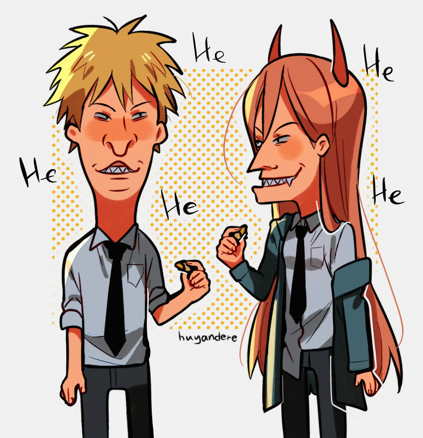 1boy 1girl absurdres artist_name beavis beavis_(cosplay) beavis_and_butt-head black_necktie black_pants blonde_hair blue_jacket brown_hair butt-head butt-head_(cosplay) chainsaw_man collared_shirt cosplay denji_(chainsaw_man) food highres horns huyandere jacket long_hair looking_at_another looking_to_the_side mike_judge_(style) necktie off_shoulder pants power_(chainsaw_man) red_horns sharp_teeth shirt shirt_partially_tucked_in shirt_tucked_in short_hair simple_background sleeves_rolled_up smile teeth white_background white_shirt