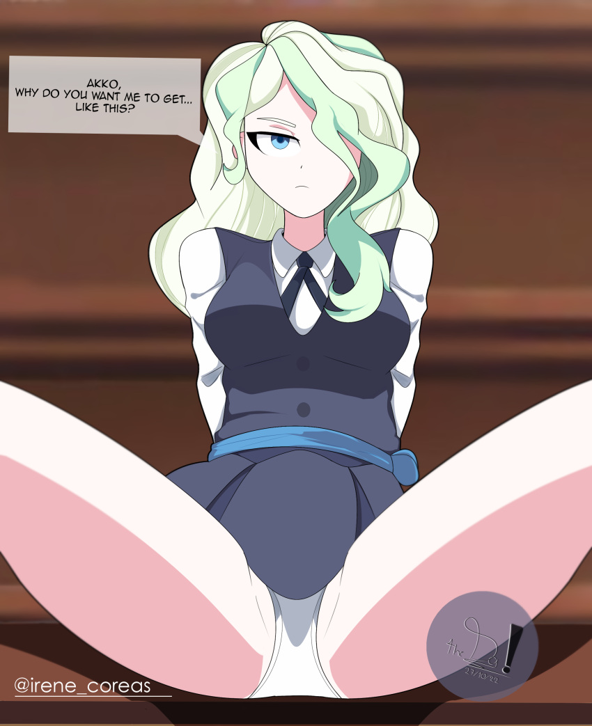1girl absurdres aqua_eyes blue_eyes bracelet breasts breeches closed_mouth dialogue_box diana_cavendish green_hair half_body highres jewelry legs_apart legs_up looking_at_viewer medium_breasts non-web_source simple_background skirt solo spread_legs wavy_hair white_hair