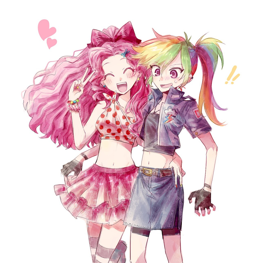 2girls applejack blush bow closed_eyes crop_top fingerless_gloves gloves hair_bow highres humanization multicolored_hair multiple_girls mxx33 my_little_pony open_mouth personification pink_hair pink_skirt ponytail rainbow_dash rainbow_hair skirt striped striped_thighhighs thighhighs