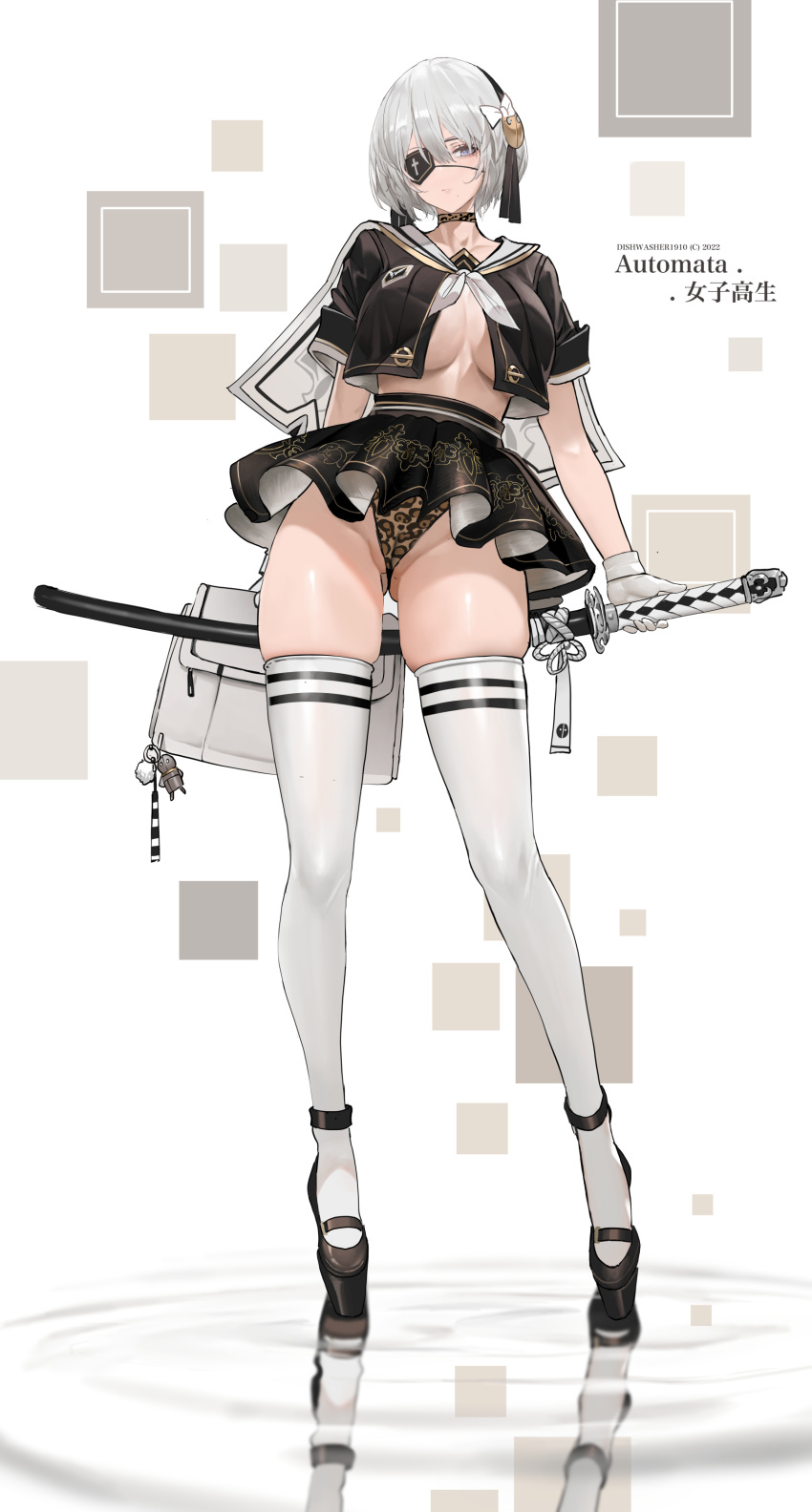 1girl absurdres alternate_costume bangs breasts cheetah_print choker dishwasher1910 eyepatch full_body gloves grey_hair highres katana large_breasts looking_at_viewer nier_(series) nier_automata one_eye_covered short_hair short_sleeves skindentation sword thighhighs thighs weapon white_gloves white_thighhighs yorha_no._2_type_b