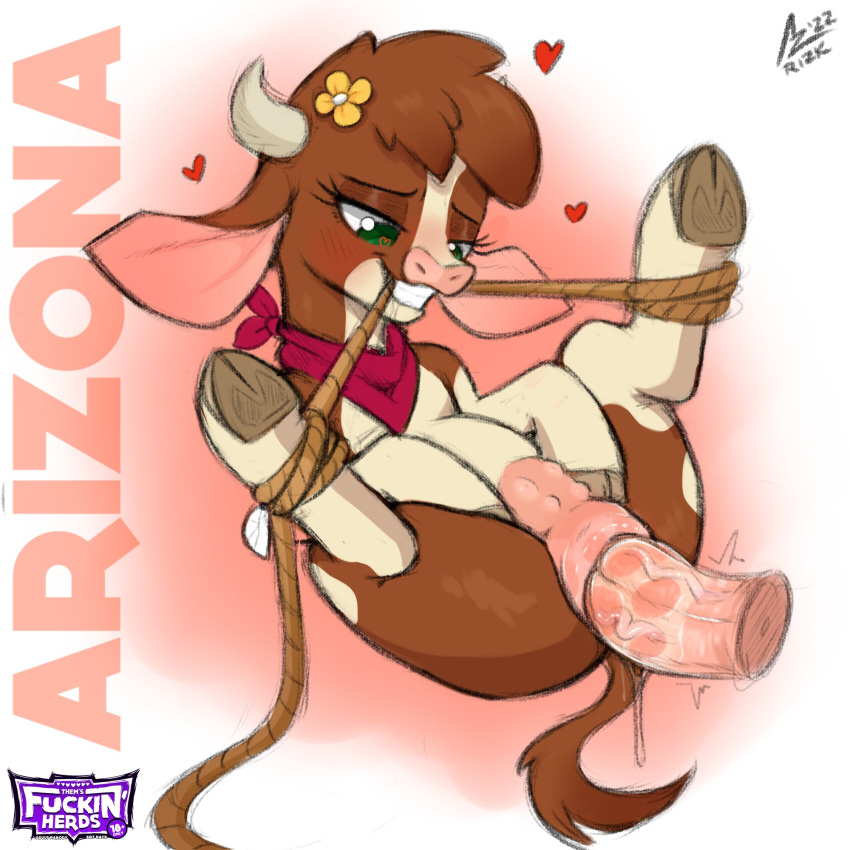 &lt;3 &lt;3_eyes 1:1 2022 aer0_zer0 anatomically_correct arizona_cow_(tfh) bdsm bondage bound bovid bovid_horn bovine brown_body brown_fur brown_hair cattle clothing cloven_hooves digital_drawing_(artwork) digital_media_(artwork) disembodied_penis duo female female_penetrated feral fur genitals green_eyes grin hair hereford_cattle hi_res hooves horn humanoid_genitalia humanoid_penis kerchief legwear lying male male/female male_on_feral male_penetrating male_penetrating_female male_penetrating_feral mammal mouth_hold multicolored_body multicolored_fur neckerchief on_back penetration penile penile_penetration penis penis_in_pussy pussy red_kerchief red_neckerchief rope sex simple_background smile tan_body tan_fur them's_fightin'_herds two_tone_body two_tone_fur vaginal vaginal_penetration