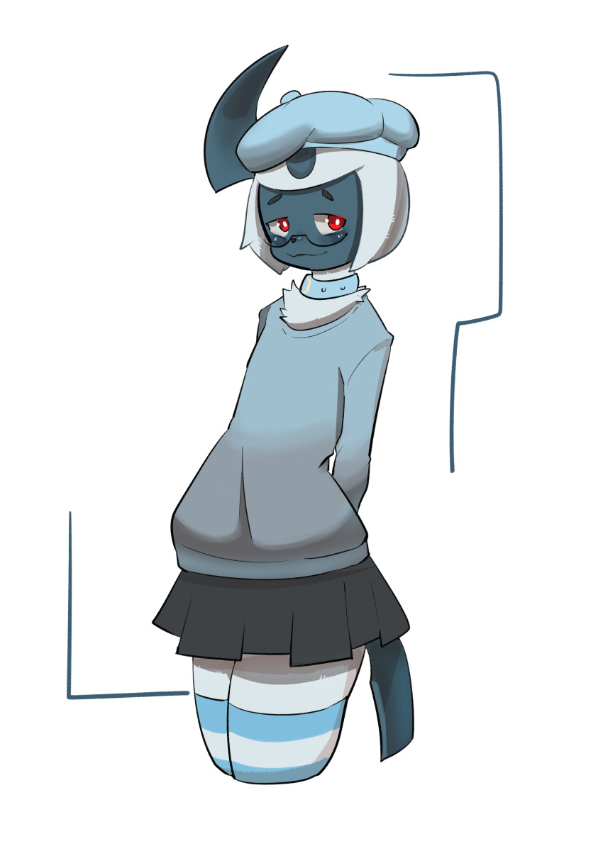 2022 absol absurd_res anthro bottomwear choker clothing eyewear flat_cap generation_3_pokemon girly glasses hair hands_behind_back hat headgear headwear hi_res jewelry legwear looking_at_viewer male mxlovegopdng necklace nintendo pokemon pokemon_(species) red_eyes short_hair simple_background skirt solo sweater thigh_highs topwear white_background white_hair