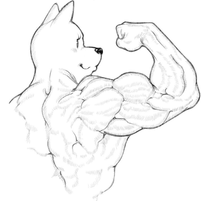 2022 ambiguous_gender anthro back_muscles bent_arm biceps big_muscles blush blush_lines canid canine canis closed_smile clothed clothing digital_media_(artwork) domestic_dog eyelashes fist flexing flexing_bicep glistening glistening_eyes glistening_nose half-length_portrait hi_res huge_muscles mammal monochrome mouth_closed muscular muscular_ambiguous muscular_anthro muscular_arms obleacream portrait prick_ears rear_view smile solo thick_neck topless topless_ambiguous topless_anthro