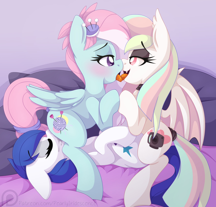 2019 accessory bat_pony bed bedroom bedroom_eyes blush blushing_profusely bodily_fluids canon_x_oc choker cunnilingus cutie_mark digital_media_(artwork) earth_pony equid equine eye_contact eyelashes eyes_closed eyeshadow facesitting fangs female female/female female_on_bottom female_on_top feral feral_on_feral floppy_ears french_kissing friendship_is_magic furniture genital_fluids group group_sex hair hair_accessory hasbro hi_res horse jewelry kerfuffle_(mlp) kissing lidded_eyes looking_at_another looking_pleasured makeup mammal multicolored_hair multicolored_tail my_little_pony narrowed_eyes necklace on_bottom on_top open_mouth oral pearly_iridescence pearlyiridescence pegasus pillow pink_eyes pink_hair pink_tail pony purple_eyes purple_hair pussy_juice raised_tail saliva seductive sex sirius_dreams tail_aside tail_wraps teeth text threesome tongue tongue_out triangle_position tribadism trio url vaginal wings wraps