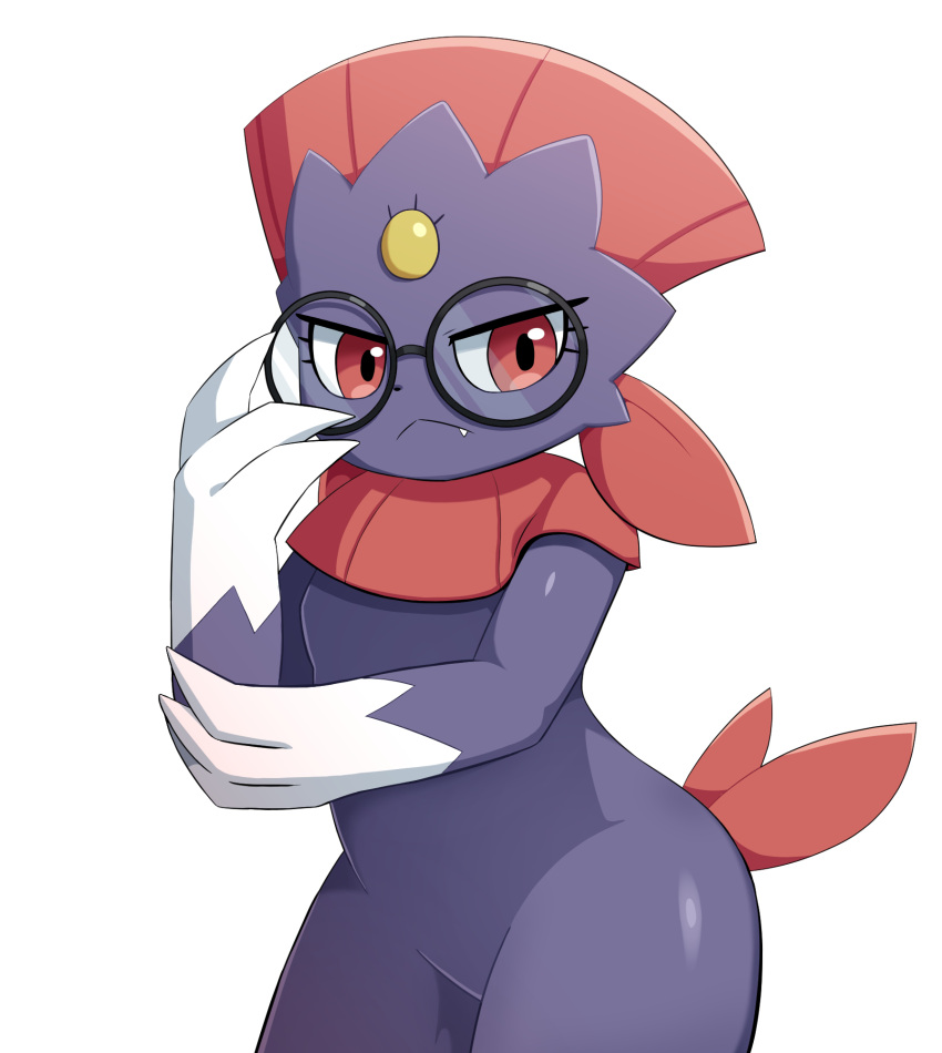 ambiguous_gender black_body eyewear generation_4_pokemon gesture glasses hi_res humanoid looking_at_viewer nintendo pokemon pokemon_(species) red_eyes simple_background solo sum weavile white_background