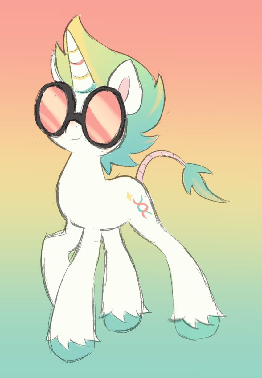 cutie_mark equid equine eyewear eyewear_only fan_character female feral fur glasses glasses_only hasbro hi_res hooves horn labbit1337 mammal my_little_pony nude rainbow_background simple_background solo tail_tuft tuft unicorn white_body white_fur