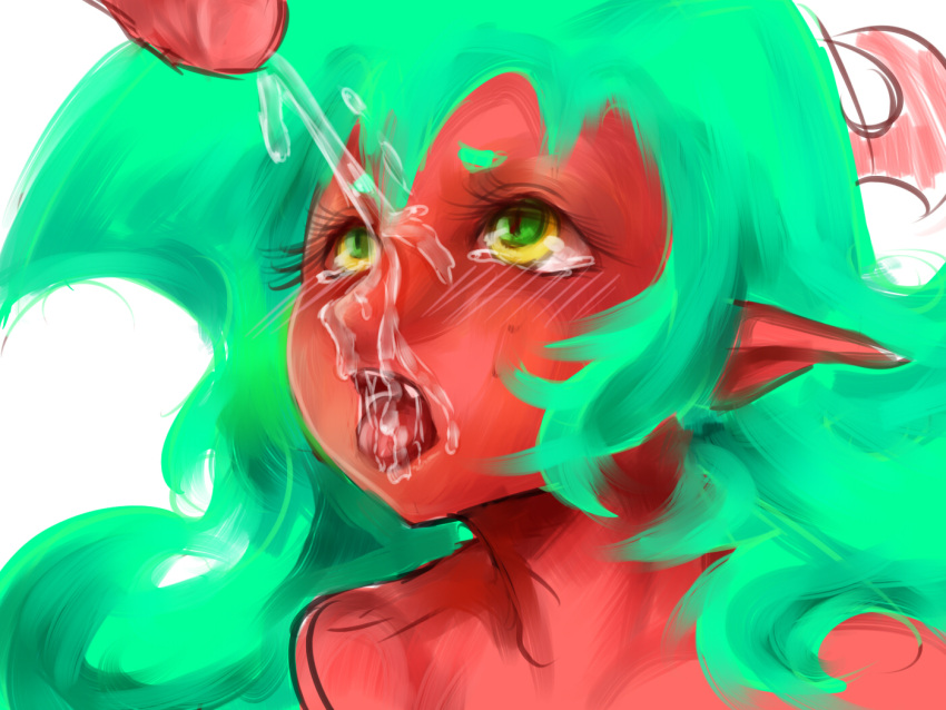 2012 4:3 blush bodily_fluids cum cum_on_face cum_on_tongue demon demon_humanoid ejaculation female genital_fluids genitals green_hair hair horn horned_humanoid humanoid humanoid_pointy_ears male male/female nabesiki not_furry panty_and_stocking_with_garterbelt penis red_body red_skin scanty_daemon solo tongue tongue_out