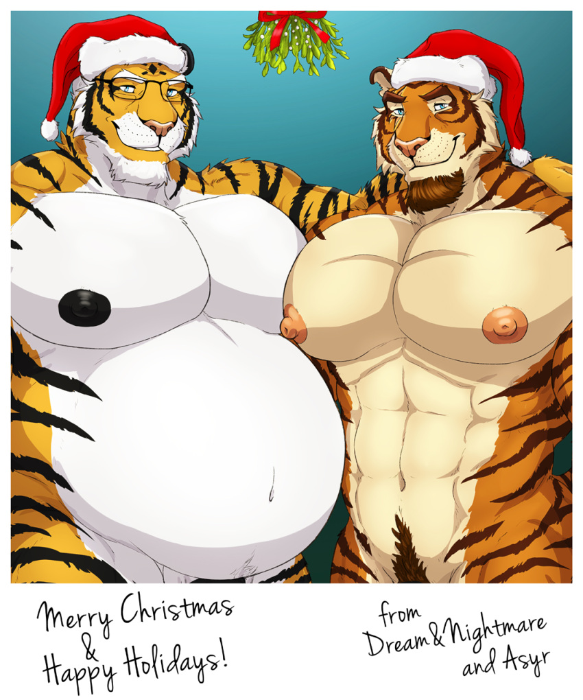 2022 abs anthro areola asyr barely_visible_genitalia barely_visible_penis beard belly biceps big_belly black_body black_fur body_hair brown_body brown_fur christmas christmas_clothing christmas_headwear clothing digital_media_(artwork) dream_and_nightmare duo english_text eyebrows eyewear facial_hair father father_and_child father_and_son felid fur genitals glasses happy_trail hat hat_only headgear headgear_only headwear headwear_only hi_res holidays incest_(lore) intraspecies male male/male mammal mistletoe mostly_nude musclegut muscular muscular_anthro muscular_male navel night_(dream_and_nightmare) nipples orange_body orange_fur overweight overweight_male pantherine parent parent_and_child pecs penis plant pubes santa_hat smile son striped_body striped_fur stripes tan_body tan_fur teeth text tiger white_body white_fur