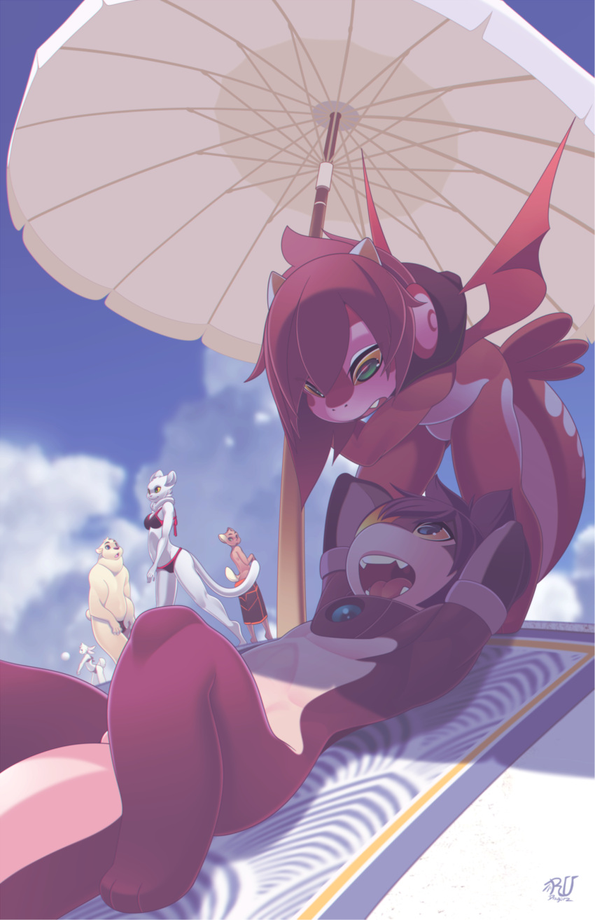 2022 anthro breasts clothed clothing day detailed_background digital_media_(artwork) dragon duo female fish hi_res mako_(rudragon) marine membrane_(anatomy) membranous_wings open_mouth outside ru_(rudragon) rudragon sand scalie shark sky smile teeth tongue wings
