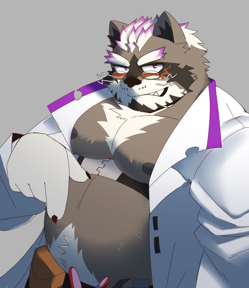 2022 anthro belly big_belly blush eyewear glasses hi_res kemono lifewonders live_a_hero male mammal moobs my_wet_muffin nipples overweight overweight_male procyonid raccoon simple_background solo viscunam