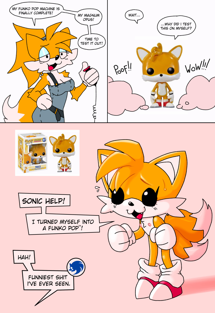 absurd_res action_figure anthro black_eyes blush comic crossgender dialogue doll dwarfism english_text female fix flat_chested funko_pop! hi_res miles_prower nipples ponporio_(artist) profanity sega solo sonic_the_hedgehog_(series) text transformation