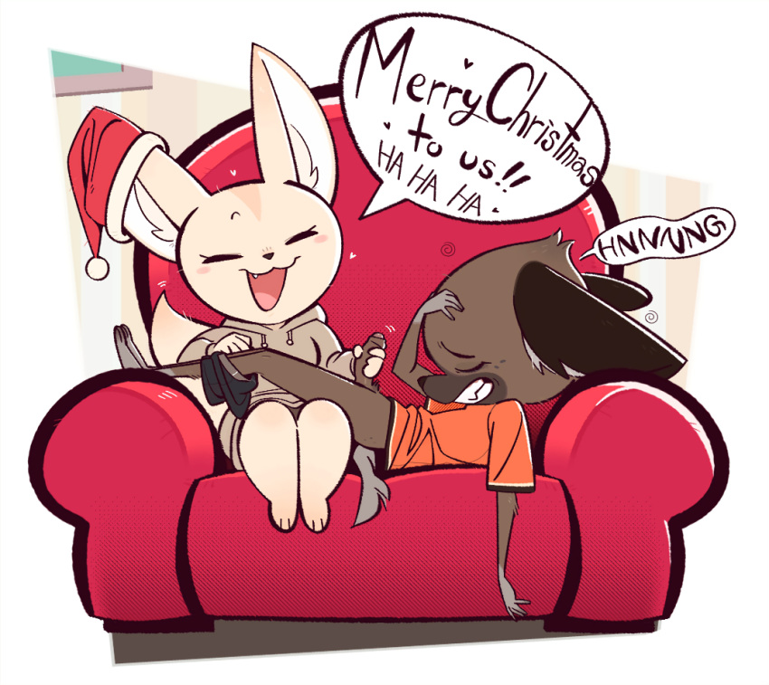 2022 aggressive_retsuko anthro anthro_on_anthro armchair bottomwear bottomwear_down brown_body brown_fur canid canine chair christmas christmas_clothing christmas_headwear clothed clothed_sex clothing dialogue duo english_text erection eyes_closed female fennec fenneko foreskin fox fur furniture genitals haida hand_on_face handjob hat hat_on_ear headgear headwear holidays hoodie humanoid_genitalia humanoid_penis hyena interspecies junyois laugh lying male male/female mammal on_back open_mouth open_smile orange_clothing orange_shirt orange_topwear pants pants_down partially_clothed partially_retracted_foreskin penile penis sanrio santa_hat sex shirt sitting smile t-shirt tan_body tan_fur text topwear