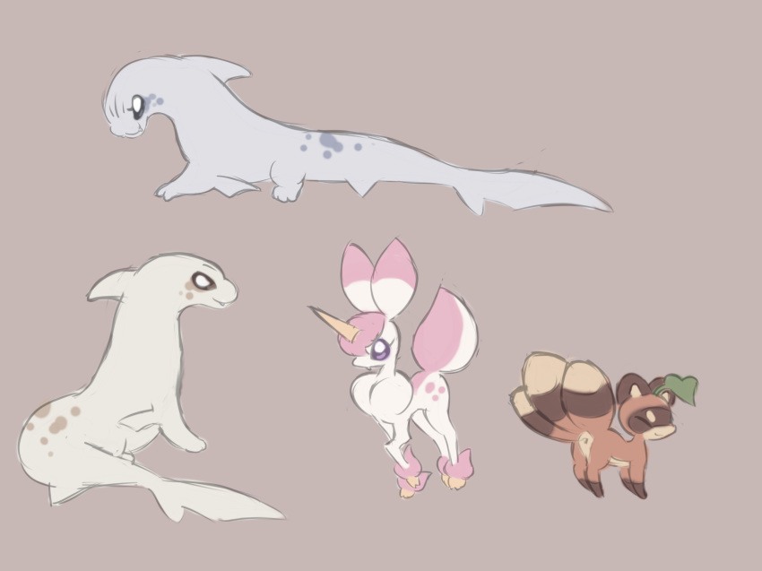 3_tails ambiguous_gender brown_background brown_body brown_fur cervine deer feral fish fur group hi_res horn labbit1337 mammal marine multi_tail pink_body pink_fur shark simple_background unicorn_horn unknown_species white_body white_fur