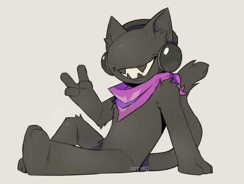 2019 4_fingers anthro black_body domestic_cat eyeless felid feline felis fingers gesture headphones hi_res kerchief kerchief_only male mammal monstercat monstercat_media mostly_nude neckerchief neckerchief_only open_mouth pterro simple_background sitting solo v_sign