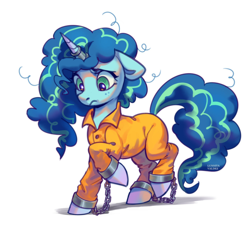 absurd_res blue_body blue_hair blue_hooves blue_tail clothing cuff_(restraint) digital_media_(artwork) equid equine frown green_eyes hair handcuffs hasbro hi_res hooves horn horn_jewelry horn_ring looking_down lunnita_pony mammal messy_hair metal_cuffs misty_(g5) mlp_g5 multicolored_hair my_little_pony prison prison_uniform prisoner restraints ring_(jewelry) signature simple_background solo two_tone_hair two_tone_tail unicorn unicorn_horn white_background