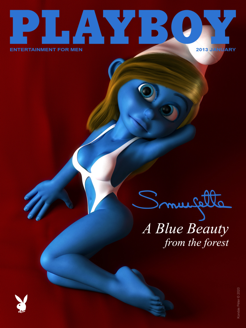 2013 3:4 3d_(artwork) absurd_res barefoot blonde_hair blue_body blue_eyebrows blue_eyes blue_skin breasts cleavage clothed clothing collar cover digital_media_(artwork) english_text eyebrows feet female hair hand_behind_head hat headgear headwear hi_res humanoid kondaspeter lips magazine_cover marilyn_monroe navel nipples not_furry pinup playboy pose signature small_breasts smurf smurfette solo swimwear text the_smurfs thick_lips white_clothing white_headwear white_swimwear