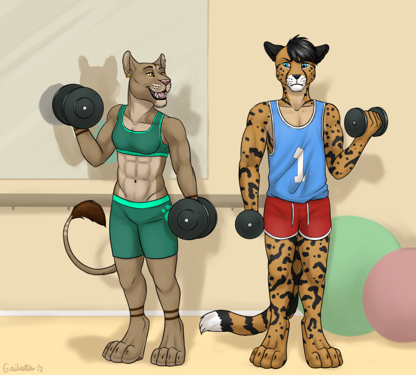 2022 abs anthro athletic athletic_female athletic_male ball barefoot barely_visible_pawpads blue_eyes bottomwear breasts cheetah clothing distracted drawstring duo ear_piercing ear_ring ear_scar ears_back exercise feet felid feline female gaikotsu gym gym_bottomwear gym_clothing gym_shorts halter_top intimidation jersey king_cheetah lion male mammal muscular muscular_female navel pantherine piercing pivoted_ears railing ring_piercing scar shadow shirt shorts signature small_breasts smile standing tail_tuft tank_top topwear tuft weightlifting weights workout yellow_eyes