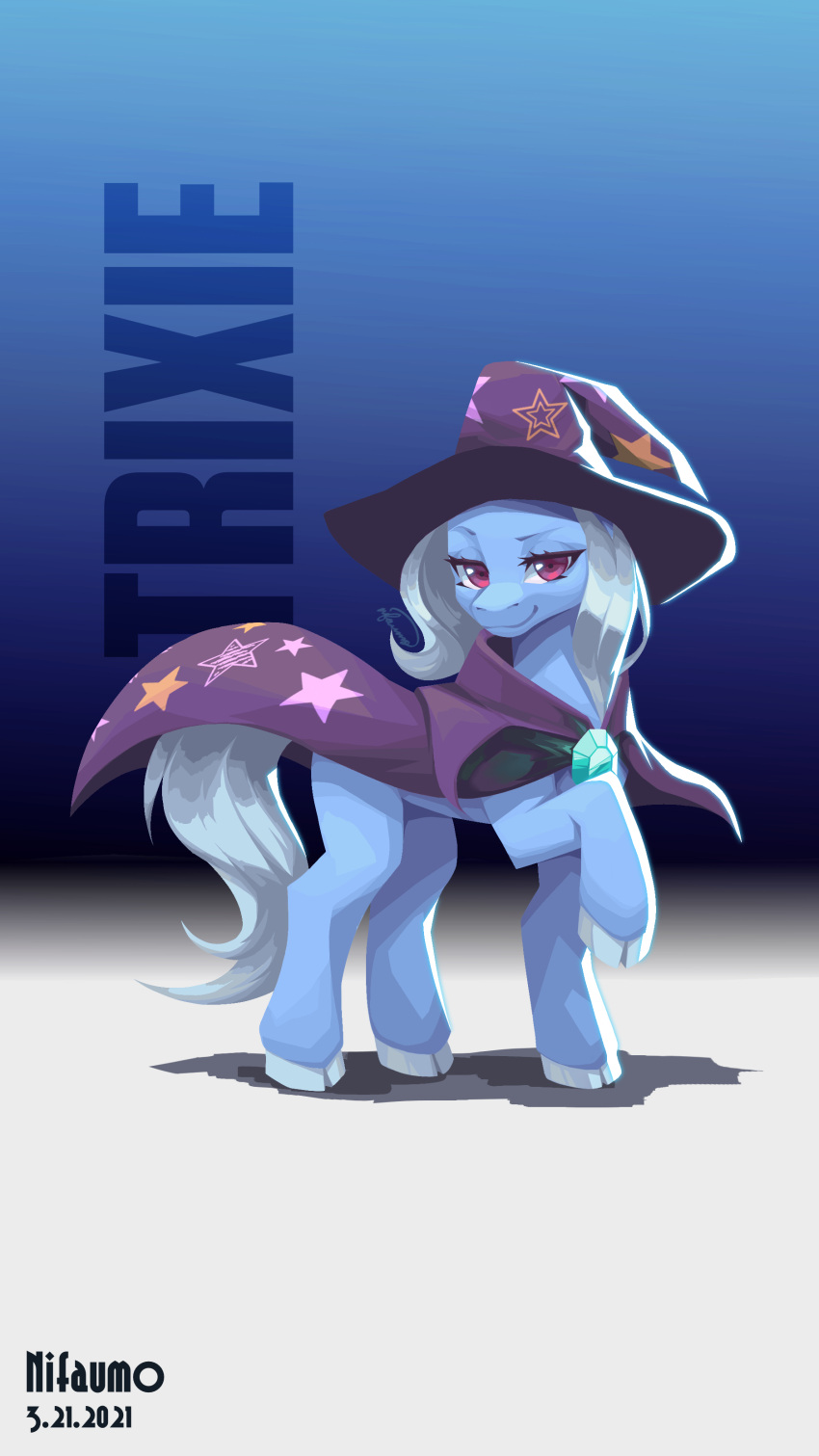 2021 absurd_res artist_name blue_body blue_hair blue_hooves blue_tail cape clothed clothed_feral clothing cloven_hooves dated digital_media_(artwork) digital_painting_(artwork) equid equine eyebrows female feral friendship_is_magic gradient_background hair hasbro hat headgear headwear hi_res hooves horn lidded_eyes looking_at_viewer mammal my_little_pony nifaumo purple_clothing purple_eyes quadruped raised_eyebrow raised_hoof shadow signature simple_background smile smiling_at_viewer solo tail trixie_(mlp) unicorn wizard_hat