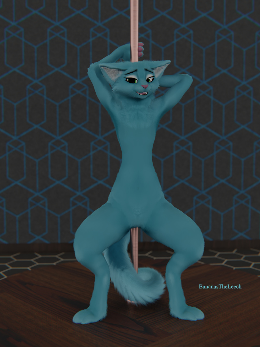 3d_(artwork) absurd_res anthro bananastheleech blue_body blue_fur digital_media_(artwork) felid female flat_chested fur green_eyes hands_behind_head hi_res inner_ear_fluff kraft_trio mammal null open_mouth pawpads paws pink_pawpads pleased pleased_expression pole presenting raised_arms slim solo spread_arms spread_legs spreading stage stripper_pole tuft white_inner_ear_fluff