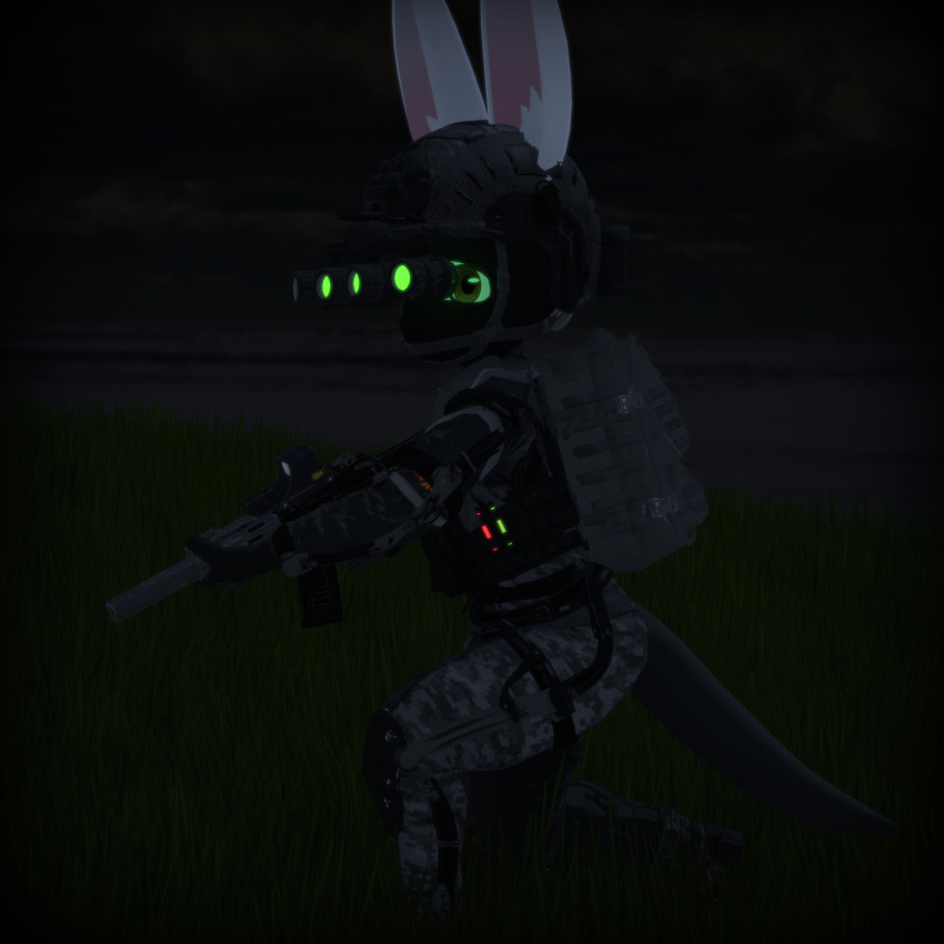 1:1 3d_(artwork) anthro armor backpack balaclava brown_eyes camo camo_clothing camo_print clothing digital_media_(artwork) fur gloves glowstick grass gun handwear headgear helmet hi_res lagomorph leporid machine male mammal mask maxkore night night_vision_goggles outside pattern_clothing plant rabbit ranged_weapon rifle solo topwear uniform vest vrchat weapon white_body white_fur