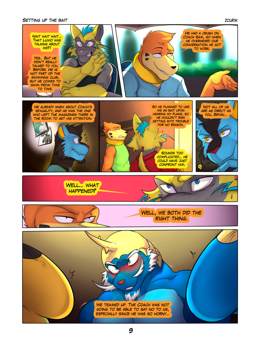 2023 absurd_res age_difference anthro anthro_on_anthro anthrofied armor beard becoming_erect big_bulge big_muscles big_penis blush bodily_fluids bryan_(zourik) buizel bulge caught chair claws clothed clothed/nude clothing coach coach_sam_(zourik) comic dialogue english_text erection erection_under_clothing eyebrows facial_hair fur furniture generation_4_pokemon generation_5_pokemon generation_7_pokemon genitals group hair headgear helmet hi_res horn imminent_sex imminent_threesome inside legendary_pokemon luxio magazine male male/male motion_lines multiple_scenes muscular muscular_anthro muscular_male mustache nathan_(zourik) nintendo nude outside pecs penis penis_base pictographics pokemon pokemon_(species) ponytail porn_magazine pornography samurott shirt sideburns sitting smile speedo standing sweat swimwear table tank_top text topwear tuft umbrella vein veiny_penis zeraora zourik