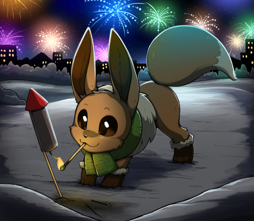 2022 3_fingers 3_toes :3 ambiguous_gender black_pupils brown_body brown_fur brown_inner_ear brown_sclera city cityscape clothed clothed_feral clothing eevee feet feral fingers fireworks fur generation_1_pokemon green_scarf hi_res holding_in_mouth looking_at_object match multicolored_body night nintendo otakuap pokemon pokemon_(species) pupils scarf snow snow_boots solo toes two_tone_body white_body white_fur