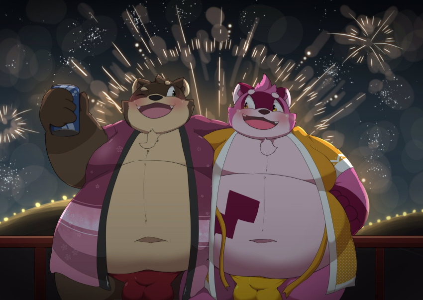 2022 anthro asian_clothing balls_outline belly big_belly blush brown_body bulge can canid canine clothing container duo east_asian_clothing embrace fireworks fundoshi genital_outline hi_res hug japanese_clothing kemono kusosensei male male/male mammal moobs navel night one_eye_closed overweight overweight_male penis_outline pink_body raccoon_dog red_clothing red_fundoshi red_underwear shoutaro tanuki underwear wink yellow_clothing yellow_fundoshi yellow_underwear