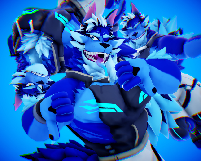 3d_(artwork) 5:4 abs anthro blue_body blue_fur canid canine canis clone digital_media_(artwork) fur gesture group hi_res lifewonders looking_at_viewer male malicekira mammal muscular muscular_anthro muscular_male one_eye_closed open_mouth thumbs_down tindalos_(tas) tokyo_afterschool_summoners tongue tongue_out trio wink winking_at_viewer wolf