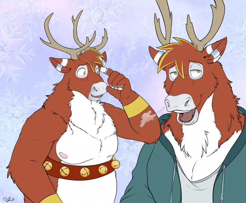 anthro antlers bell brown_body brown_fur capreoline clothed clothing countershade_torso countershading deer fur hi_res hoodie horn jingle_bell male mammal mostly_nude nipples open_mouth overweight overweight_anthro overweight_male reindeer solo stickmanwww topwear white_body white_fur