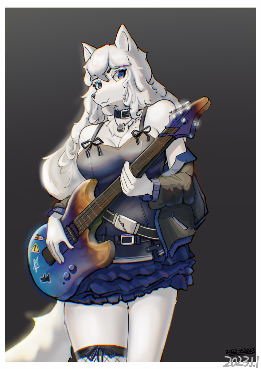 absurd_res anthro bass_guitar blue_eyes canid canine canis clothing dress female gfox404 guitar hi_res mammal musical_instrument plucked_string_instrument solo string_instrument wolf