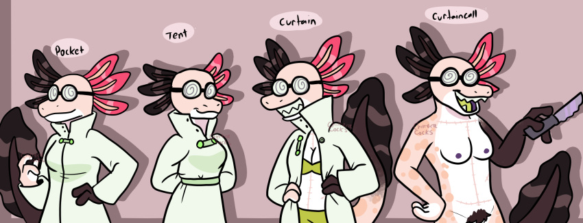 amphibian anthro axolotl breasts chimeracocks clothing coat curtain_call_challenge eyewear firefly_axolotl fully_clothed_to_nude glasses hi_res hybrid knife lab_coat marine mole_salamander olm pose presenting pubes salamander_(amphibian) scientist solo surgical_suture the_doctor_(chimeracocks) topwear trans_(lore) trans_man_(lore) underwear