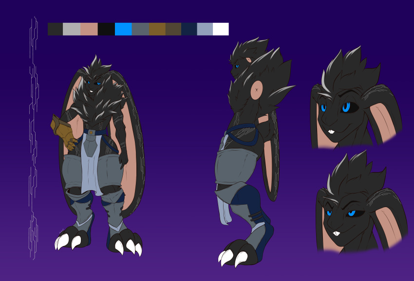 3_toes absurd_res anthro armor big_ears big_feet black_sclera blue_eyes chest_tuft exalted feet hi_res lagomorph male mammal model_sheet solo toes tuft undeadkitty13