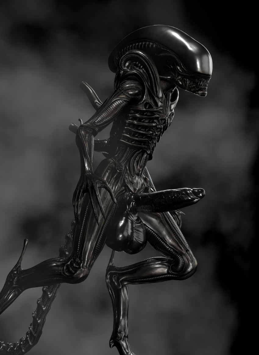 3d_(artwork) absurd_res alien alien_(franchise) anthro balls big_balls black_balls black_penis blender_(software) bodily_fluids digital_media_(artwork) erection genital_fluids genitals guimontag hi_res male penile penis solo xenomorph