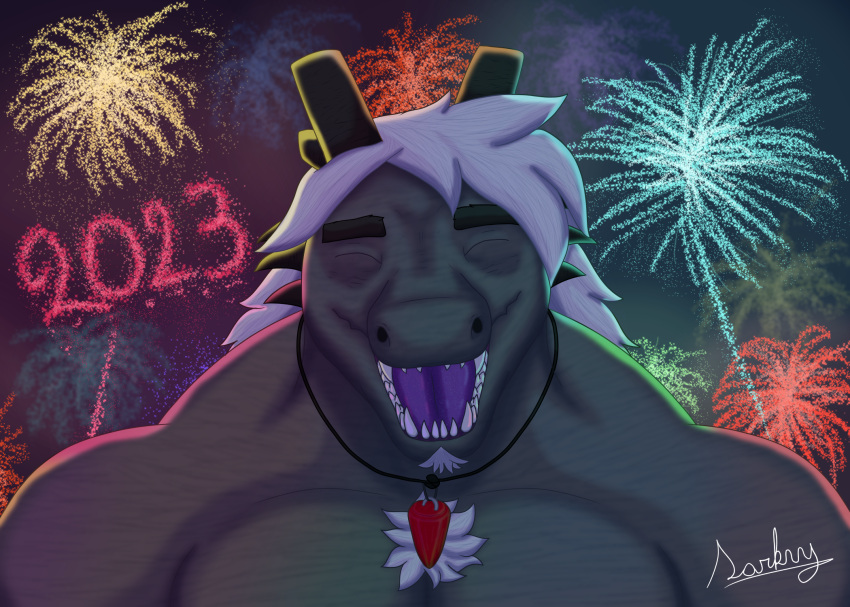 2023 anthro chubby_male collar dragon eyes_closed fireworks gem hair hi_res holidays male muscular new_year night purple_tongue quartz_(gem) sarkvy smile smiling_at_viewer solo tongue white_hair