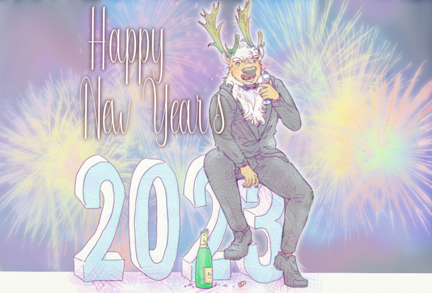 alcohol anthro antlers beverage blush capreoline cervine champagne champagne_bottle champagne_glass clothed clothing deer digital_media_(artwork) fireworks holidays horn humanoid humanoid_hands kemono lavilovi lifewonders looking_at_viewer male mammal new_year new_year_2023 new_years_eve reindeer smile solo text tokyo_afterschool_summoners youl yule_(tas)