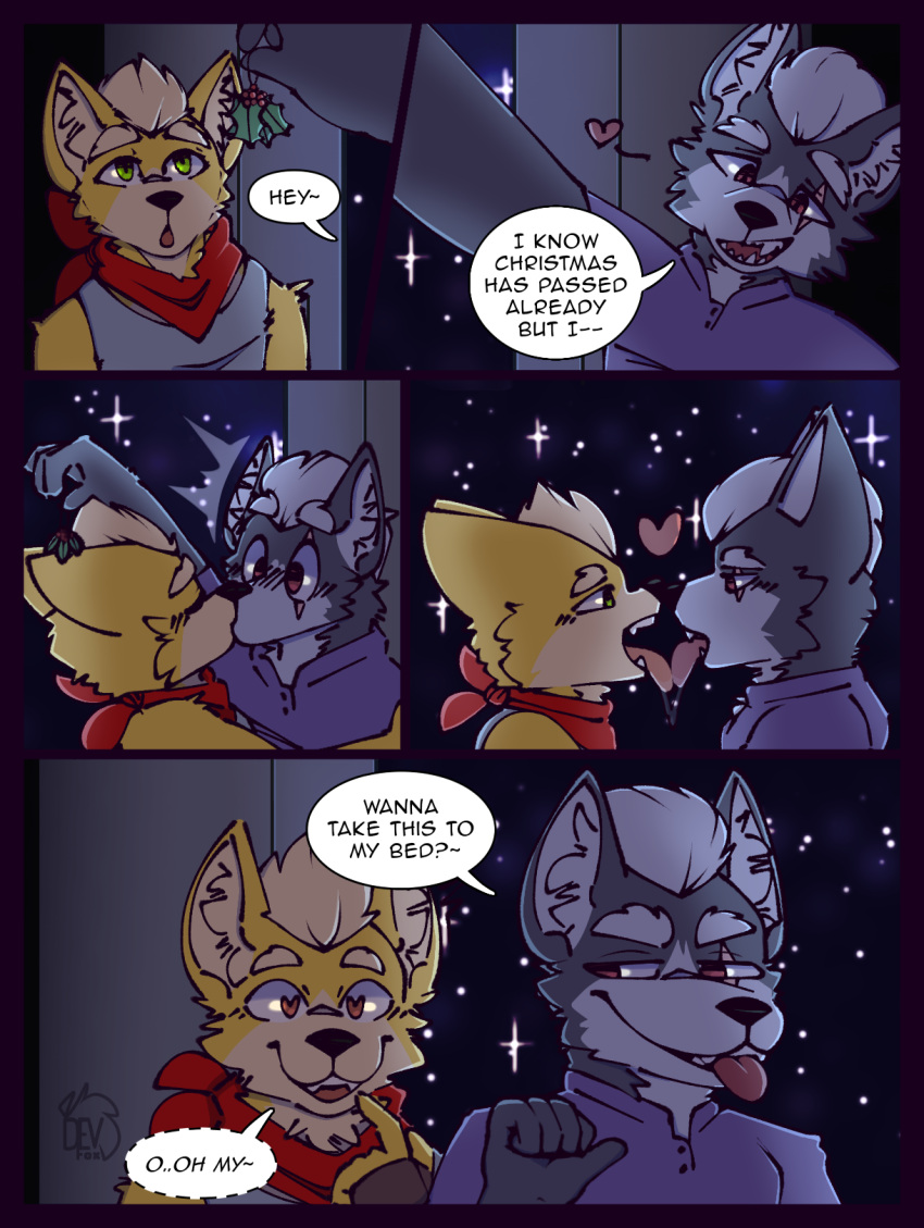 2022 anthro bandanna bodily_fluids canid canine canis clothing comic devfoxnsfw dialogue duo english_text fox fox_mccloud french_kissing hair hi_res kerchief kiss_on_lips kissing male male/male mammal multiple_scenes nintendo saliva saliva_on_tongue saliva_string scar shirt smile space standing star star_fox teeth text tongue tongue_out topwear wolf wolf_o'donnell
